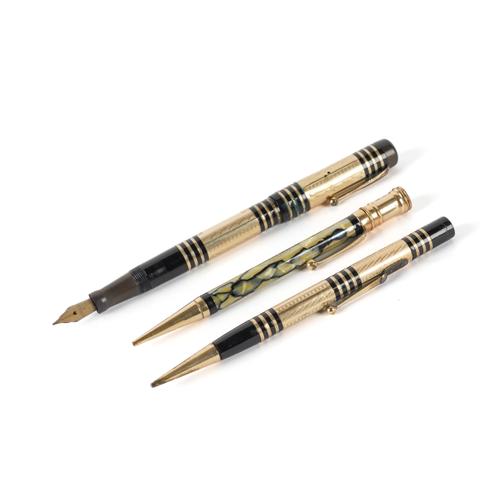 A SWAN LEVER FOUNTAIN PEN, A FYNE POINT PROPELLING PENCIL AND A PARKER PROPELLING PENCIL (4)