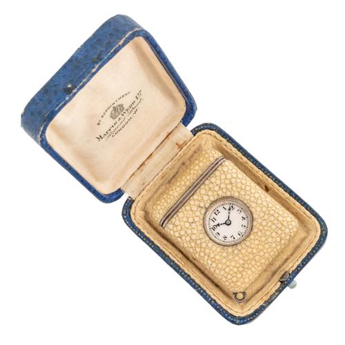 A SILVER AND SHAGREEN RECTANGULAR FOLDING PURSE WATCH