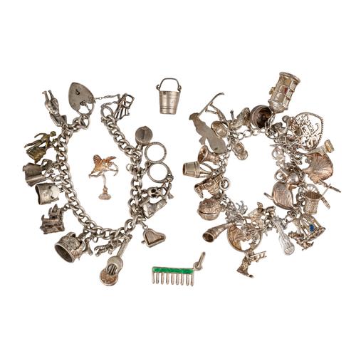 TWO SILVER CHARM BRACELETS AND THREE LOOSE SILVER CHARMS (5)