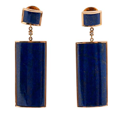 A PAIR OF 18CT GOLD LAPIS LAZULI AND DIAMOND EARRINGS
