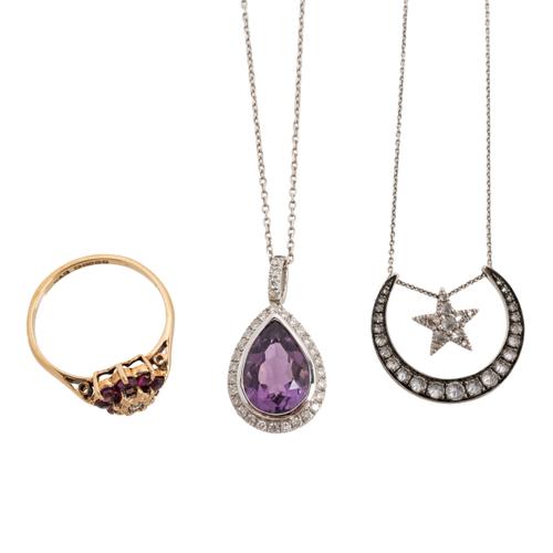 AN 18CT WHITE GOLD, AMETHYST AND DIAMOND DROP SHAPED PENDANT WITH A WHITE GOLD NECKCHAIN AND TWO FURTHER ITEMS (5)