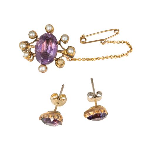 A PEARL AND AMETHYST BROOCH AND A PAIR OF FOIL BACKED AMETHYST EARSTUDS (3)