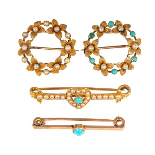 FOUR GOLD, TURQUOISE AND SEED PEARL BROOCHES (4)