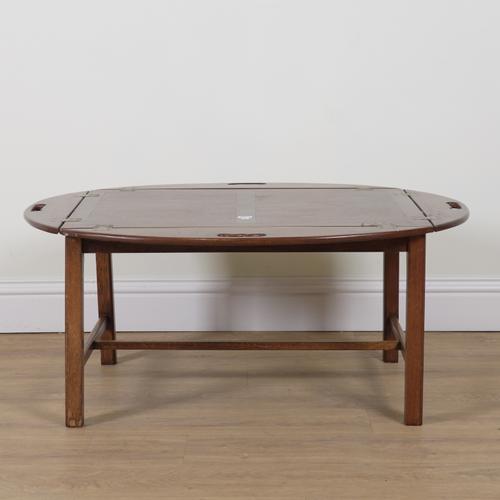 A MAHOGANY DROP SIDED RECTANGULAR BUTLER'S TRAY ON STAND