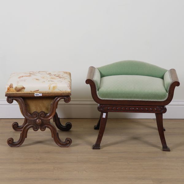 A VICTORIAN CARVED WALNUT RECTANGULAR FOOT STOOL (2)