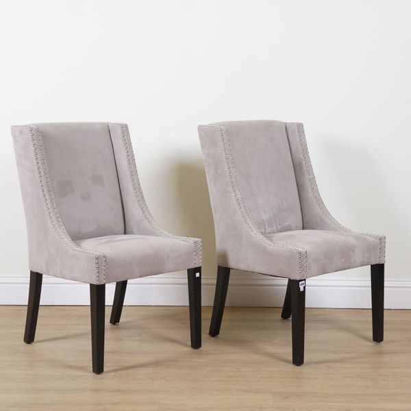 LIBRA; A PAIR OF GREY SUEDE UPHOLSTERED SIDE CHAIRS (3)