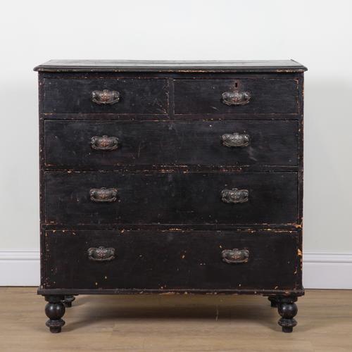 A 19TH CENTURY LATER DISTRESSED BLACK PAINTED CHEST OF DRAWERS