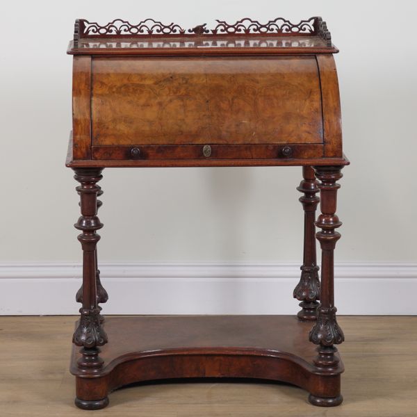 A VICTORIAN FIGURED WALNUT CYLINDER BUREAU