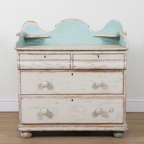 A 19TH CENTURY LATER POLYCHROME PAINTED PINE GALLERIED CHEST OF DRAWERS