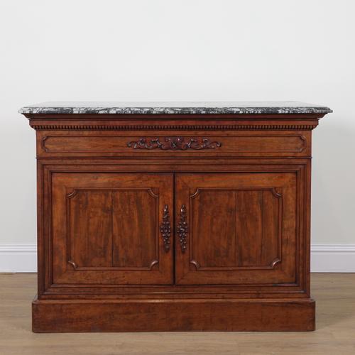 A 19TH CENTURY FRENCH MARBLE TOPPED MAHOGANY SIDE CHEST