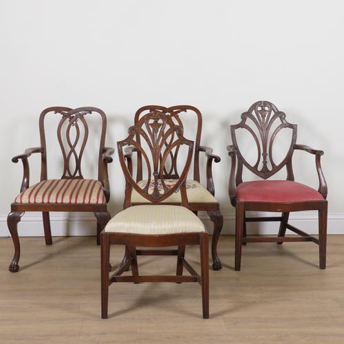 A PAIR OF 18TH CENTURY MAHOGANY FRAMED OPEN ARMCHAIRS (4)