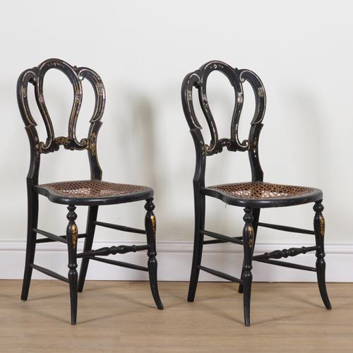 A PAIR OF VICTORIAN MOTHER-OF-PEARL INLAID PAPIER MACHE PARCEL GILT SIDE CHAIRS (2)