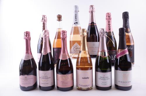 12 BOTTLES ROSÉ CHAMPAGNE AND ENGLISH AND CANADIAN SPARKLING WINE