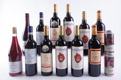 TWELVE BOTTLES FRENCH RED WINE AND TWO CANS