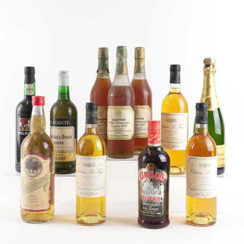 THREE BOTTLES HARVEYS PETITE CHAMPAGNE COGNAC 1940 WITH EIGHT OTHER BOTTLES OF SPIRITS AND WINE (11)