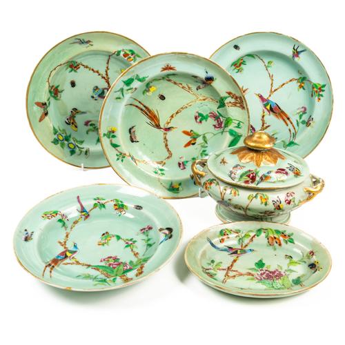 A CHINESE CELADON-GROUND SAUCE TUREEN, COVER AND STAND AND FOUR SOUP PLATES (7)