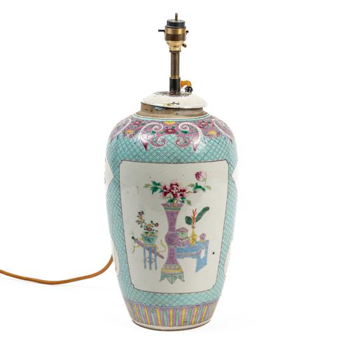 A CHINESE FAMILLE-ROSE BLUE-GROUND VASE AND DOMED COVER (2)