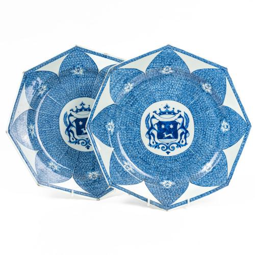 A PAIR OF CHINESE EXPORT BLUE AND WHITE ARMORIAL OCTAGONAL DISHES MADE FOR THE DUTCH MARKET (2)