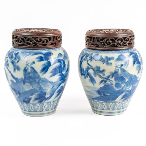 A PAIR OF JAPANESE ARITA BLUE AND WHITE OVOID VASES  (4)