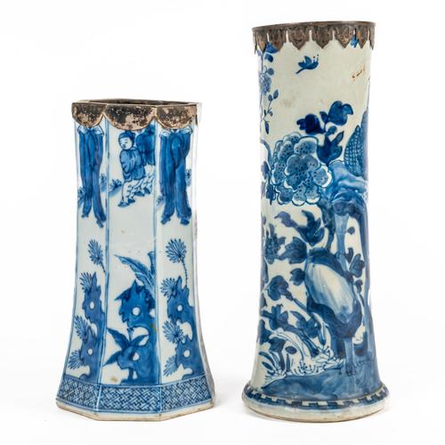 TWO CHINESE BLUE AND WHITE VASES WITH LATER SILVER MOUNTS (2)