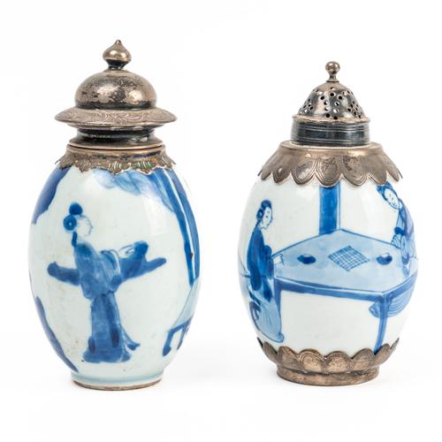TWO SMALL PORCELAIN CHINESE BLUE AND WHITE OVIFORM JARS WITH LATER SILVER MOUNTS (4)