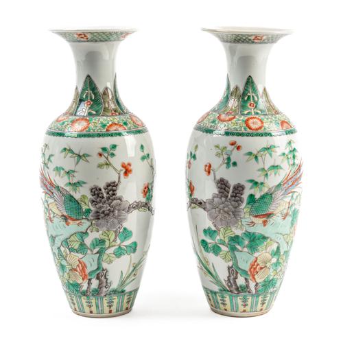 A PAIR OF CHINESE FAMILLE-VERTE SLENDER OVOID VASES (2)