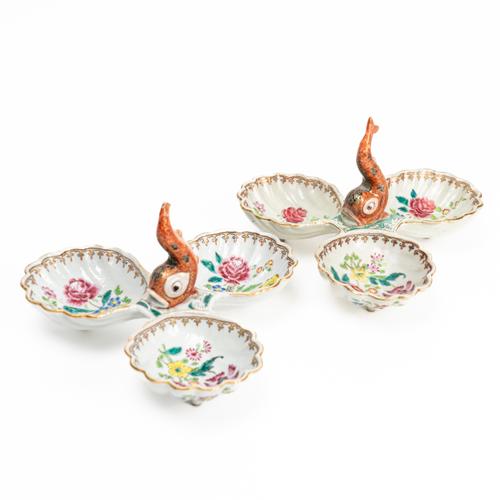 TWO RARE CHINESE EXPORT FAMILLE-ROSE TRIPLE SHELL SWEETMEAT DISHES (2)