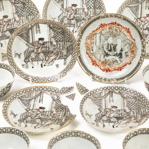 FIVE CHINESE EXPORT EUROPEAN SUBJECT TEABOWLS AND SIX SAUCERS