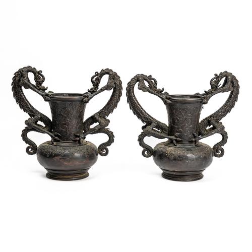 A PAIR OF JAPANESE BRONZE TWO- HANDLED VASES (2)