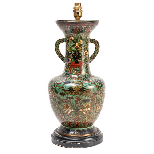 A CHINESE CLOISONNE TWO-HANDLED VASE ADAPTED AS A LAMP