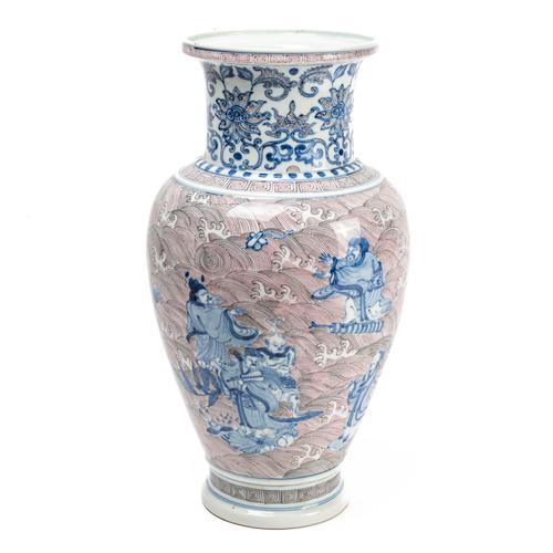A TALL CHINESE UNDERGLAZE-BLUE AND RED `IMMORTALS' VASE