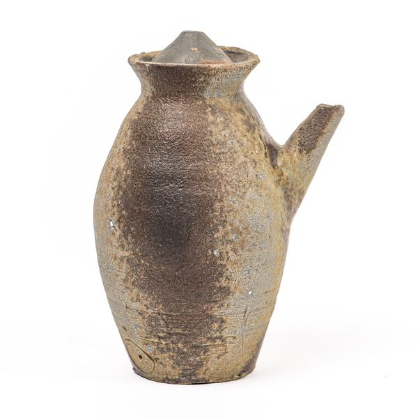 A JAPANESE STUDIO POTTERY WOOD FIRED SAKE POT AND COVER (2)