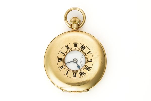 AN OMEGA 18CT GOLD CASED, KEYLESS WIND HALF HUNTING CASED GENTLEMAN'S POCKET WATCH
