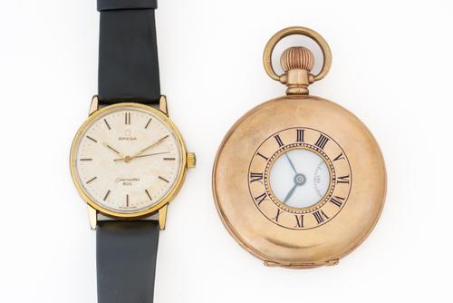 AN OMEGA SEAMASTER 600 GILT METAL FRONTED AND STEEL BACKED GENTLEMAN'S WRISTWATCH AND ONE OTHER (2)