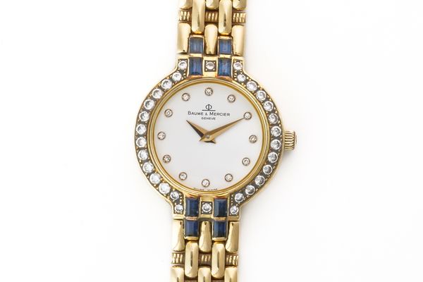 A BAUME AND MERCIER 18CT GOLD, DIAMOND AND SAPPHIRE LADY'S BRACELET WRISTWATCH