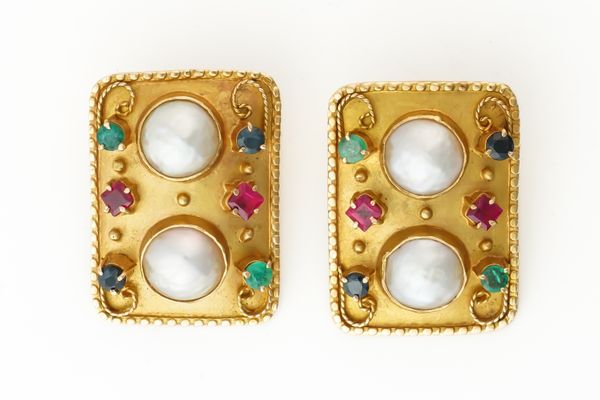 A GOLD PAIR OF MABE PEARL AND GEM  EARRINGS