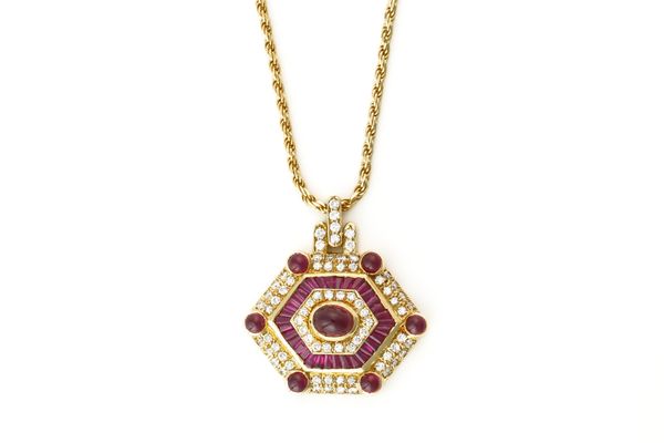 A YELLOW GOLD RUBY AND DIAMOND PENDANT WITH A GOLD NECKCHAIN (2)