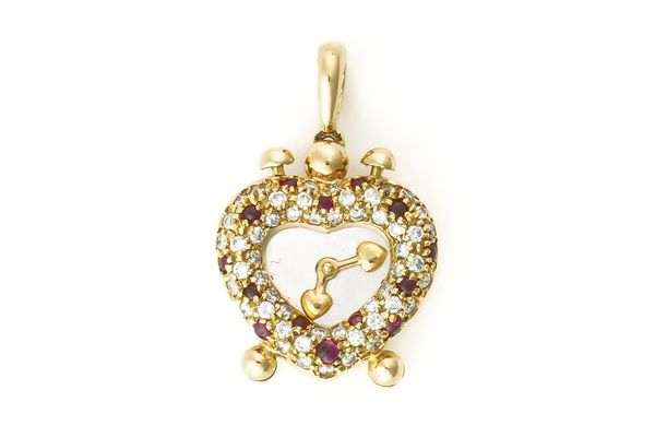 A YELLOW AND WHITE GOLD, RUBY AND DIAMOND HEART CLOCK PENDANT