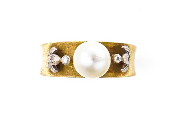 A GOLD, CULTURED PEARL AND DIAMOND RING