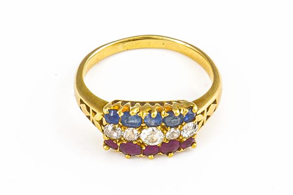 A GOLD, RUBY, SAPPHIRE AND DIAMOND RING (2)