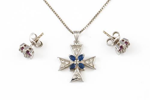 A WHITE GOLD SAPPHIRE AND DIAMOND MALTESE CROSS PENDANT WITH CHAIN AND A PAIR OF RUBY AND DIAMOND EARRINGS (3)
