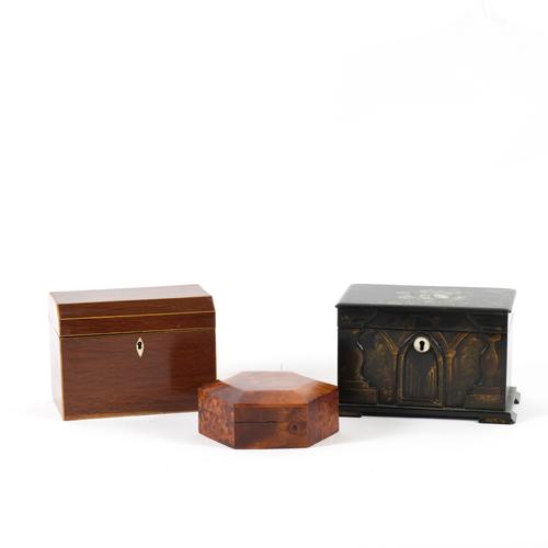 A VICTORIAN MOTHER OF PEARL INLAID POLYCHROME PAINTED PAPIER MACHE TWIN DIVISION TEA CADDY (3)