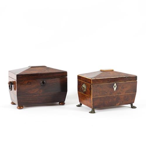 A REGENCY YEW WOOD SARCOPHAGUS TEA CADDY (2)