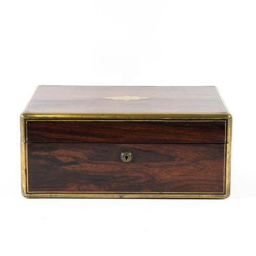 A 19TH CENTURY BRASS BOUND ROSEWOOD RECTANGULAR LIFT TOP BOX