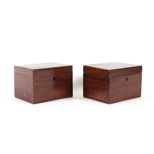 A PAIR OF EARLY 19TH CENTURY LINE INLAID FRUITWOOD RECTANGULAR LIFT TOP TEA CADDIES (2)