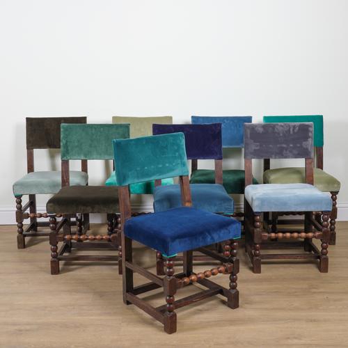 A SET OF EIGHT CHARLES II STYLE OAK SQUARE BACK DINING CHAIRS (8)