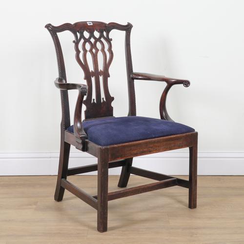 A GEORGE III MAHOGANY FRAMED OPEN ARMCHAIR