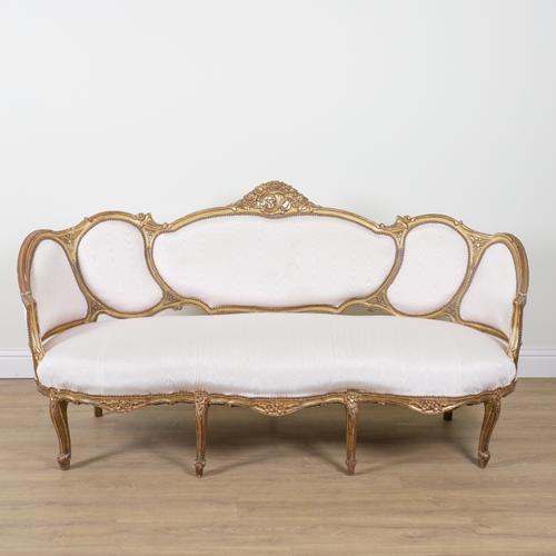 A LOUIS XV STYLE GILT FRAMED THREE PIECE TUB BACK SALON SUITE (3)