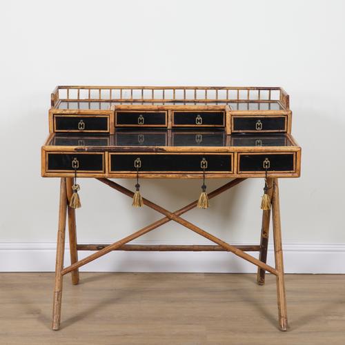 A 20TH CENTURY FAUX BAMBOO AND BLACK LACQUER WRITING DESK (2)