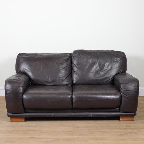 A MODERN DARK BROWN LEATHER TWO SEAT SOFA
